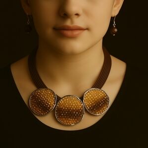 Signature NYC, Multi layers Brown Cord 3 Beaded Big Silver discs, & Earrings set